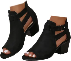 SACFOF Womens Peep Toe Booties Suede Cutout Side Strap Mid Black Chunky Heel Cutout Dress Sandals Ankle Booties