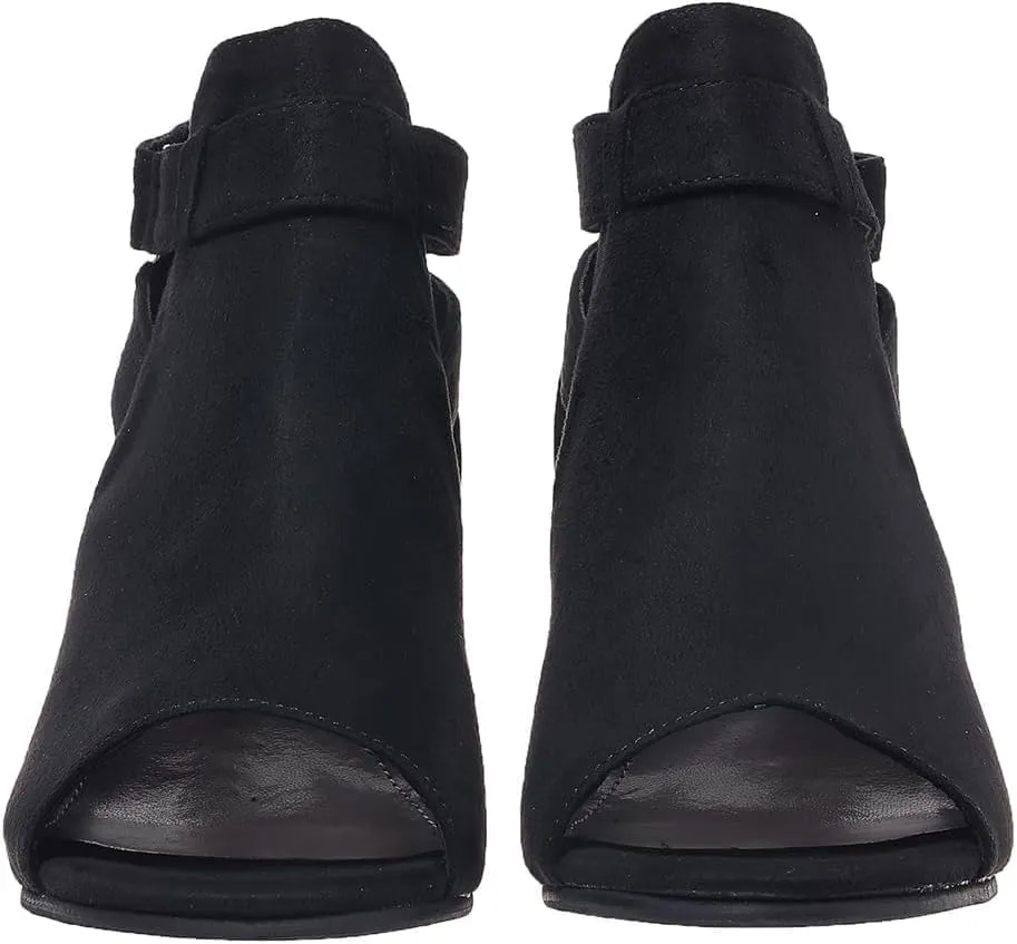 SACFOF Womens Peep Toe Booties Suede Cutout Side Strap Mid Black Chunky Heel Cutout Dress Sandals Ankle Booties
