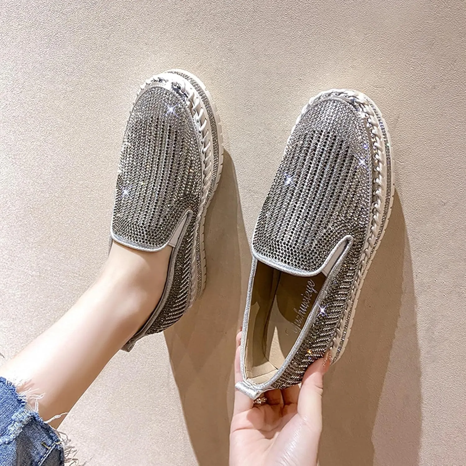 SACFOF Women's Platform Rhinestones Glitter Sneaker Slip On Comfort Platform Walking Shoes Sneaker Flat Loafer Bling Shoes