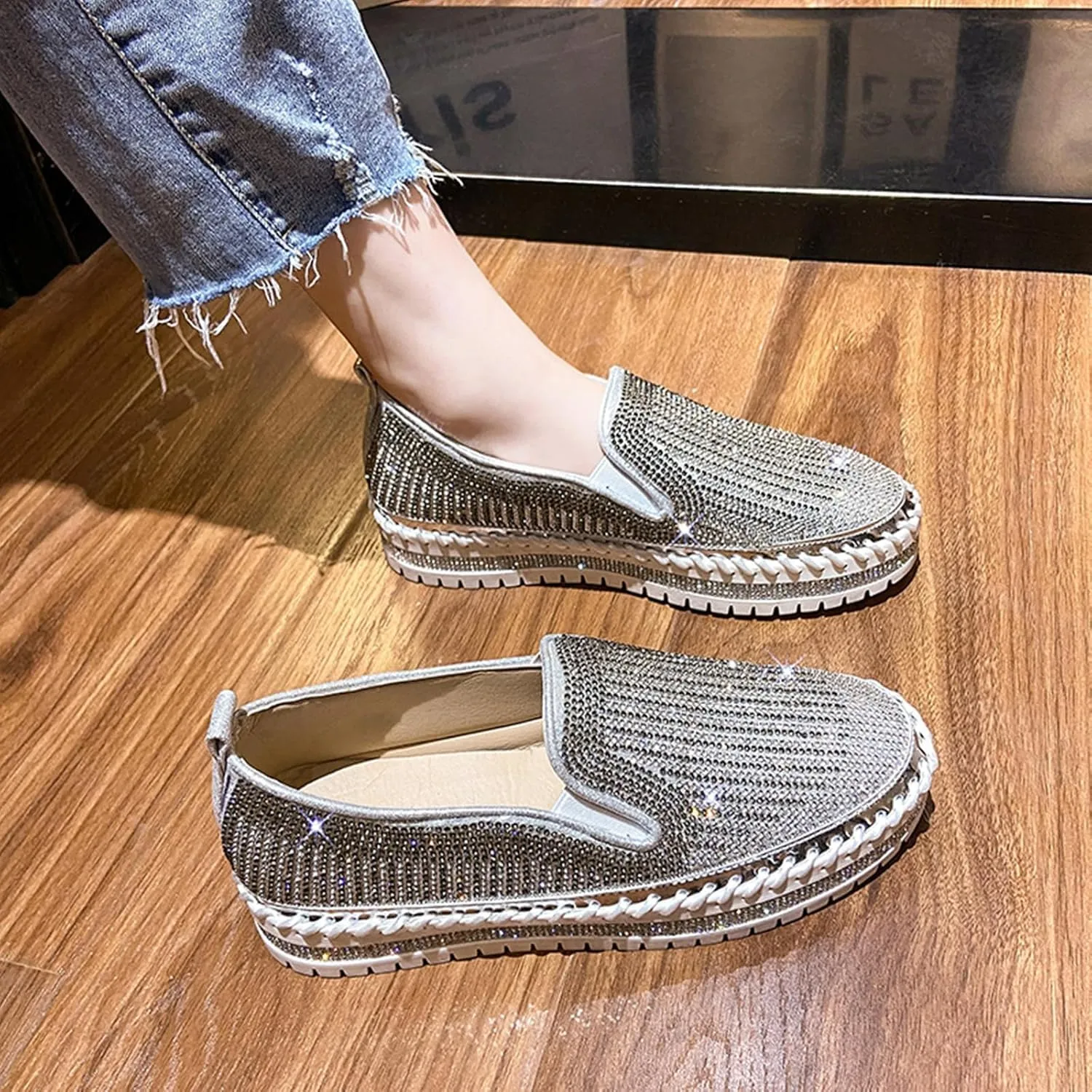 SACFOF Women's Platform Rhinestones Glitter Sneaker Slip On Comfort Platform Walking Shoes Sneaker Flat Loafer Bling Shoes