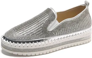 SACFOF Women's Platform Rhinestones Glitter Sneaker Slip On Comfort Platform Walking Shoes Sneaker Flat Loafer Bling Shoes