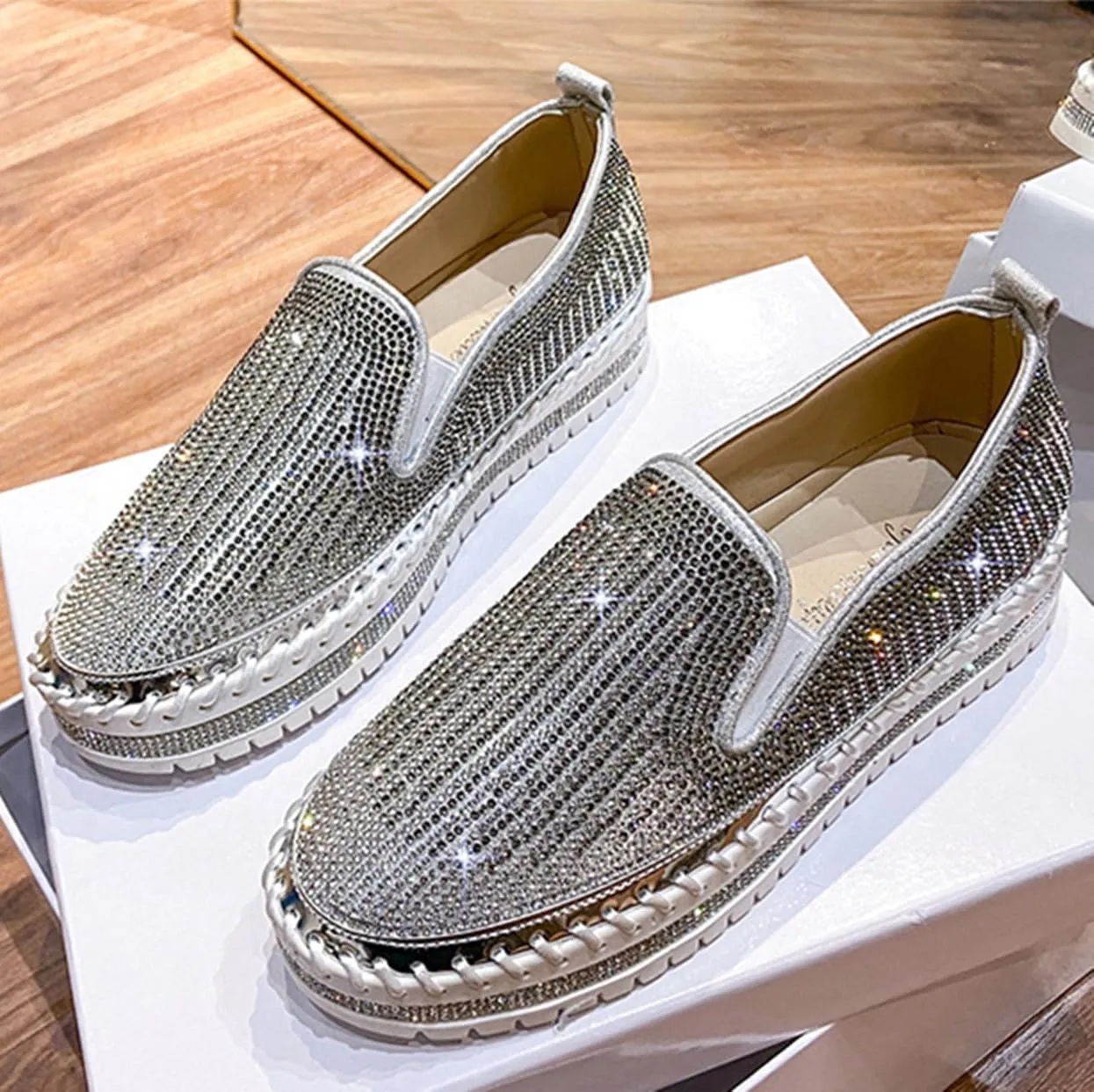 SACFOF Women's Platform Rhinestones Glitter Sneaker Slip On Comfort Platform Walking Shoes Sneaker Flat Loafer Bling Shoes