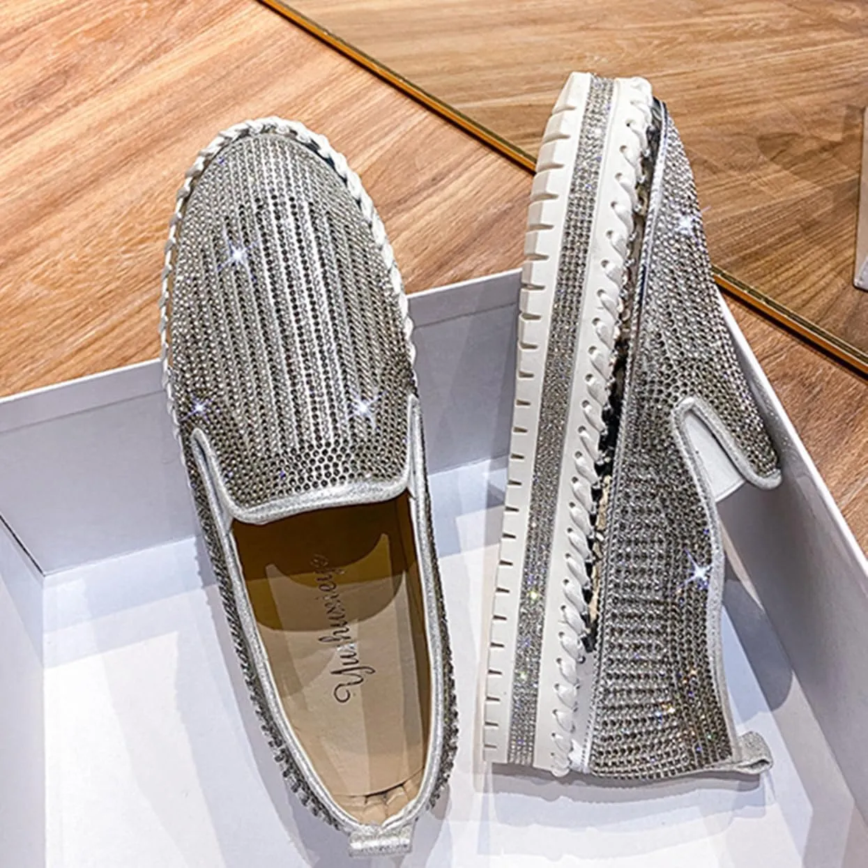 SACFOF Women's Platform Rhinestones Glitter Sneaker Slip On Comfort Platform Walking Shoes Sneaker Flat Loafer Bling Shoes