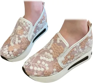 SACFOF Women's Platform Wedge Sneakers Floral Embroidery Breathable Mesh Summer Platform Shoes Hidden Walking Loafers