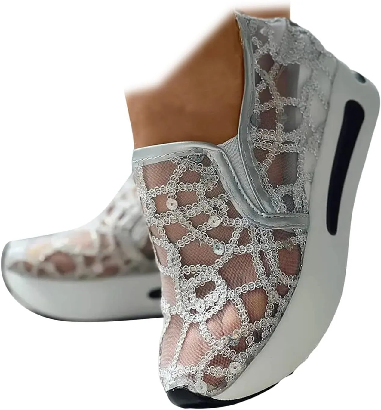SACFOF Women's Platform Wedge Sneakers Floral Embroidery Breathable Mesh Summer Platform Shoes Hidden Walking Loafers