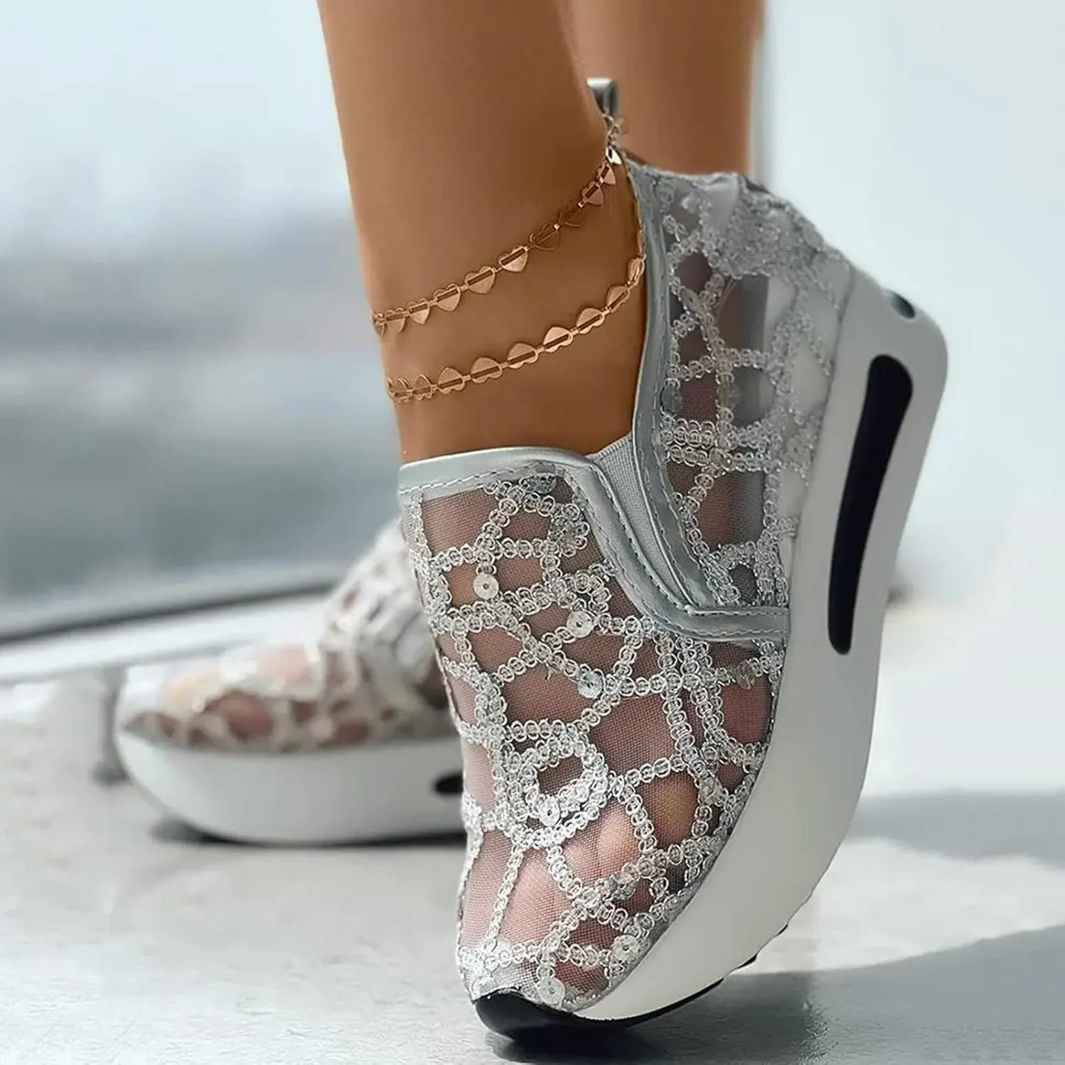 SACFOF Women's Platform Wedge Sneakers Floral Embroidery Breathable Mesh Summer Platform Shoes Hidden Walking Loafers
