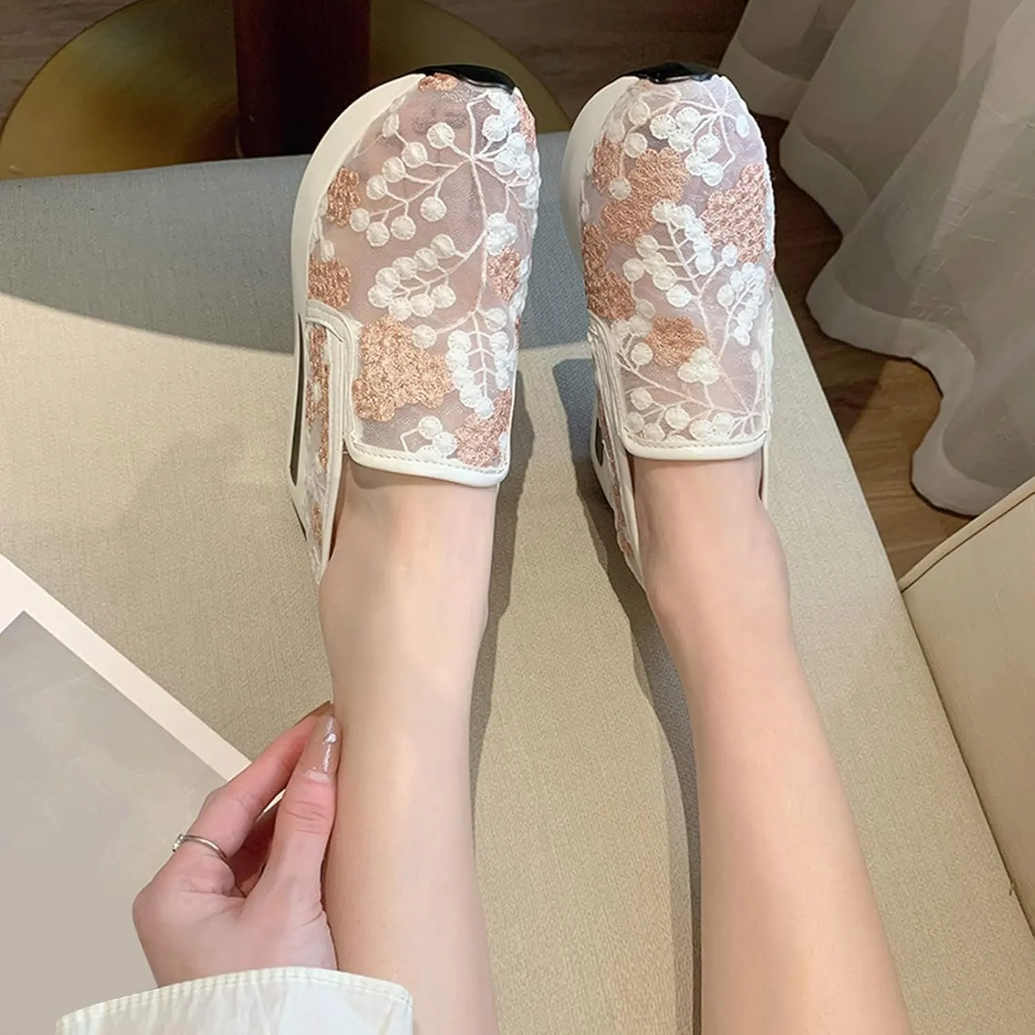 SACFOF Women's Platform Wedge Sneakers Floral Embroidery Breathable Mesh Summer Platform Shoes Hidden Walking Loafers