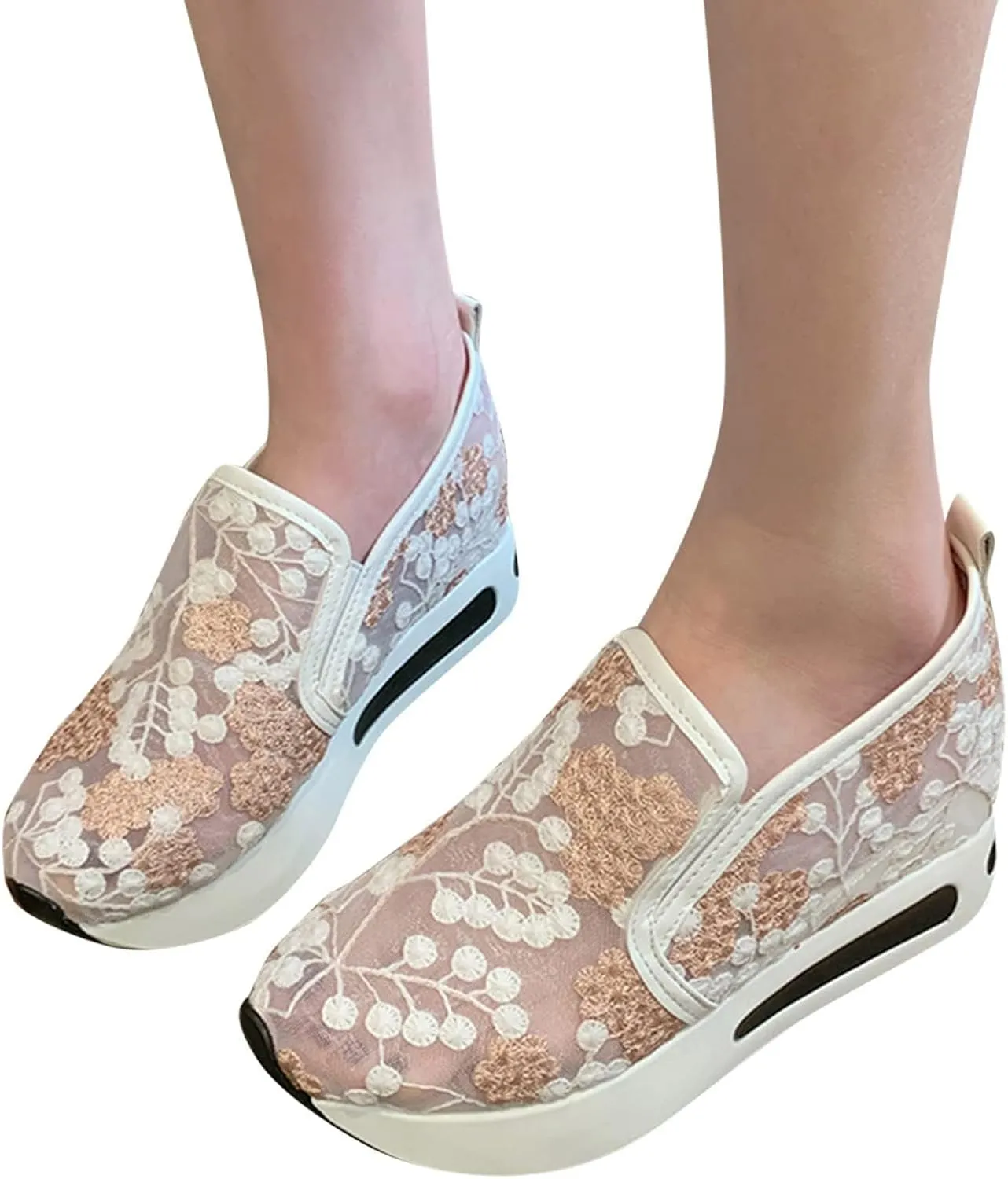 SACFOF Women's Platform Wedge Sneakers Floral Embroidery Breathable Mesh Summer Platform Shoes Hidden Walking Loafers