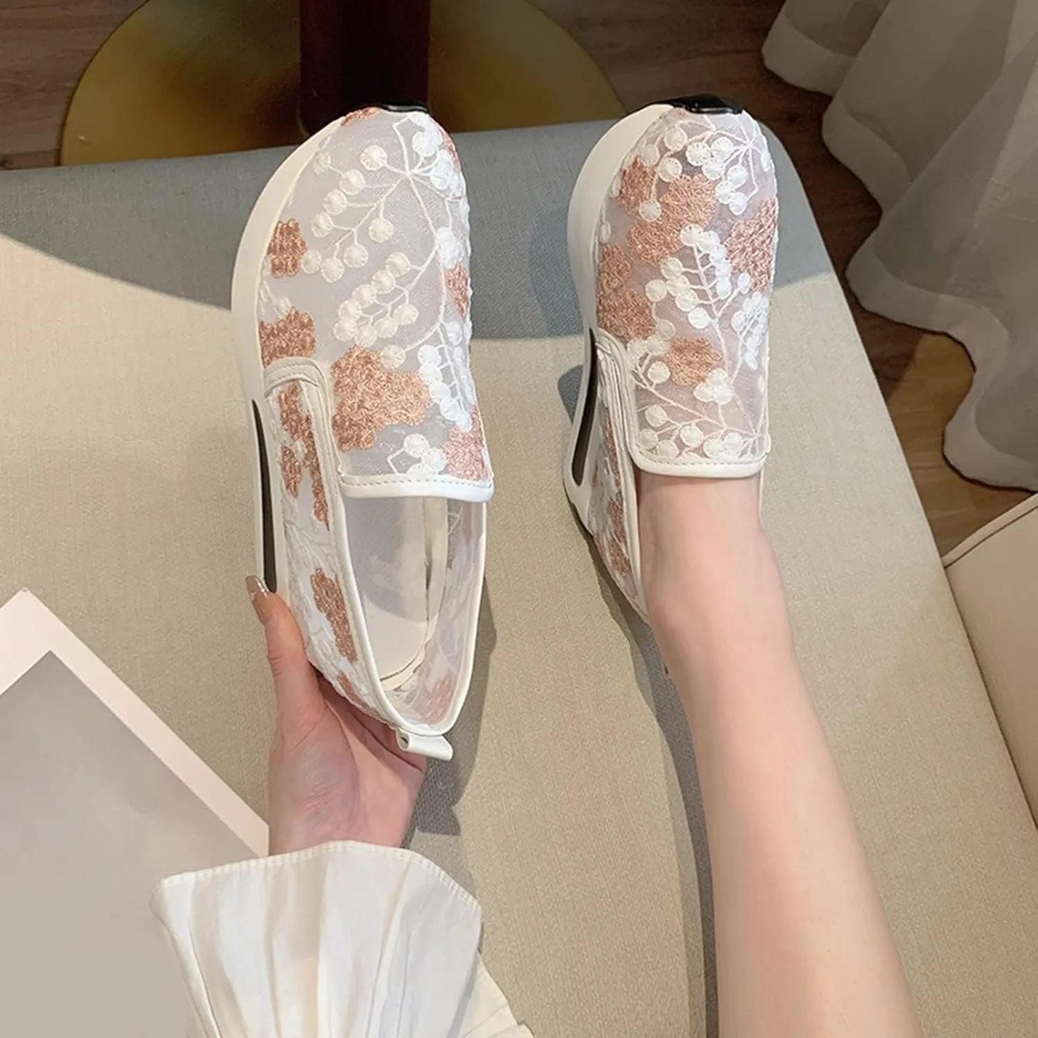 SACFOF Women's Platform Wedge Sneakers Floral Embroidery Breathable Mesh Summer Platform Shoes Hidden Walking Loafers