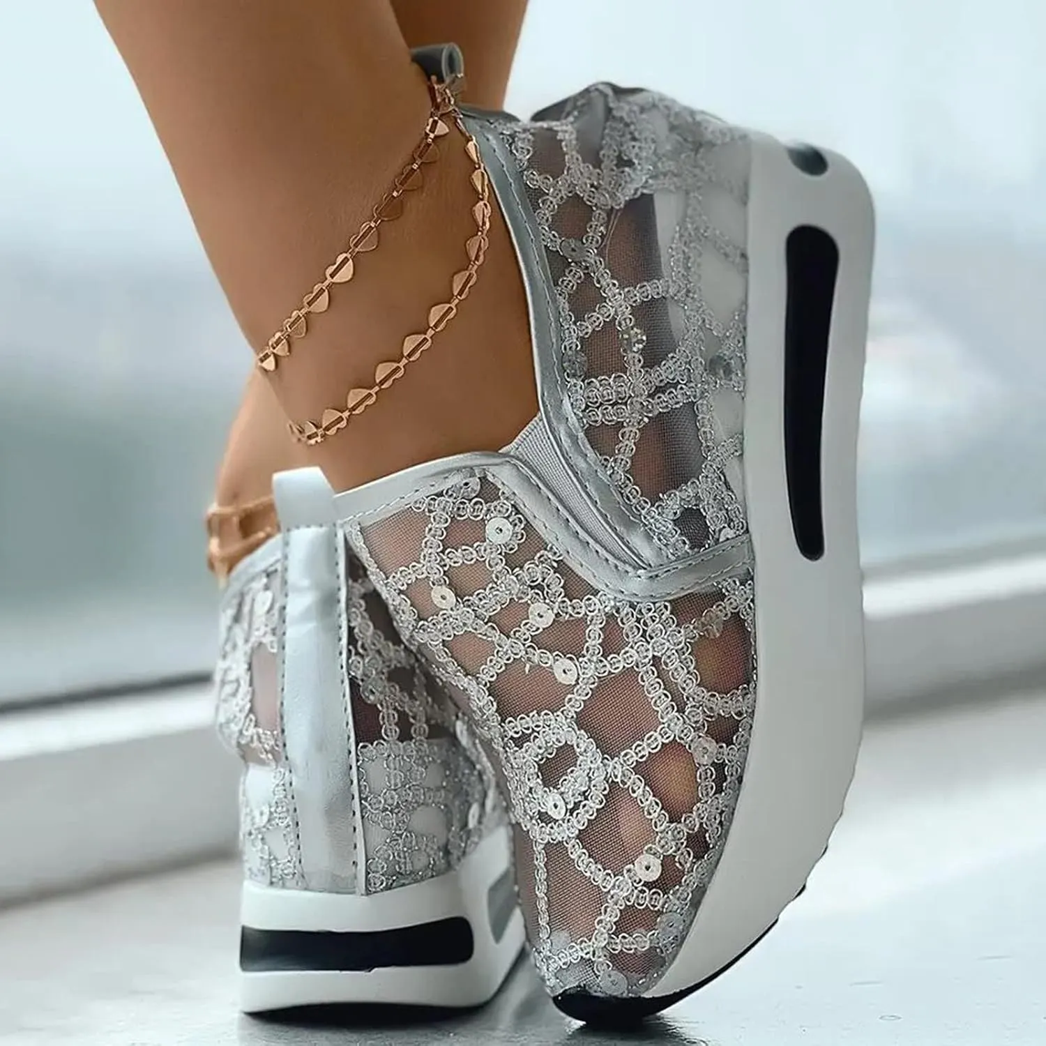SACFOF Women's Platform Wedge Sneakers Floral Embroidery Breathable Mesh Summer Platform Shoes Hidden Walking Loafers