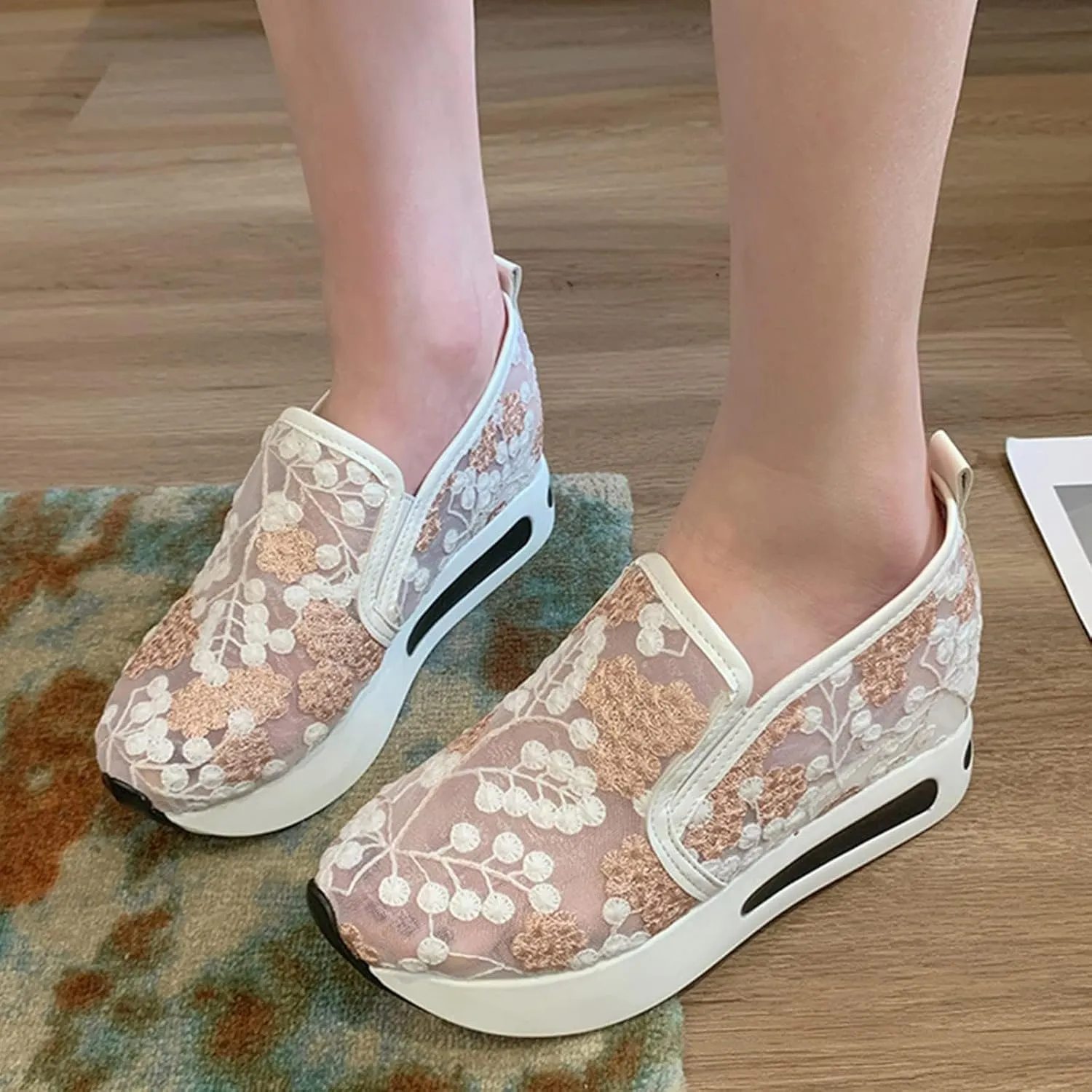 SACFOF Women's Platform Wedge Sneakers Floral Embroidery Breathable Mesh Summer Platform Shoes Hidden Walking Loafers