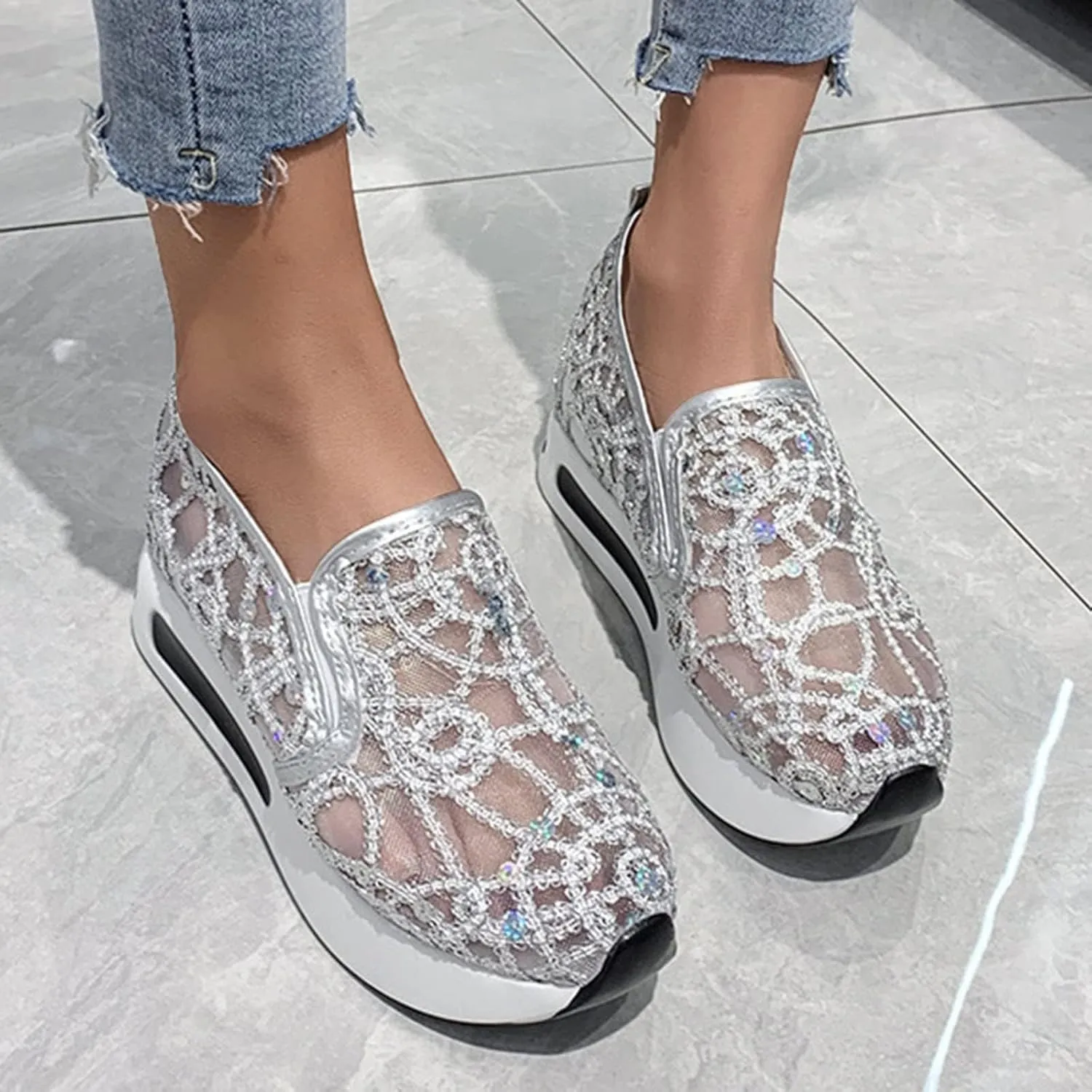 SACFOF Women's Platform Wedge Sneakers Floral Embroidery Breathable Mesh Summer Platform Shoes Hidden Walking Loafers