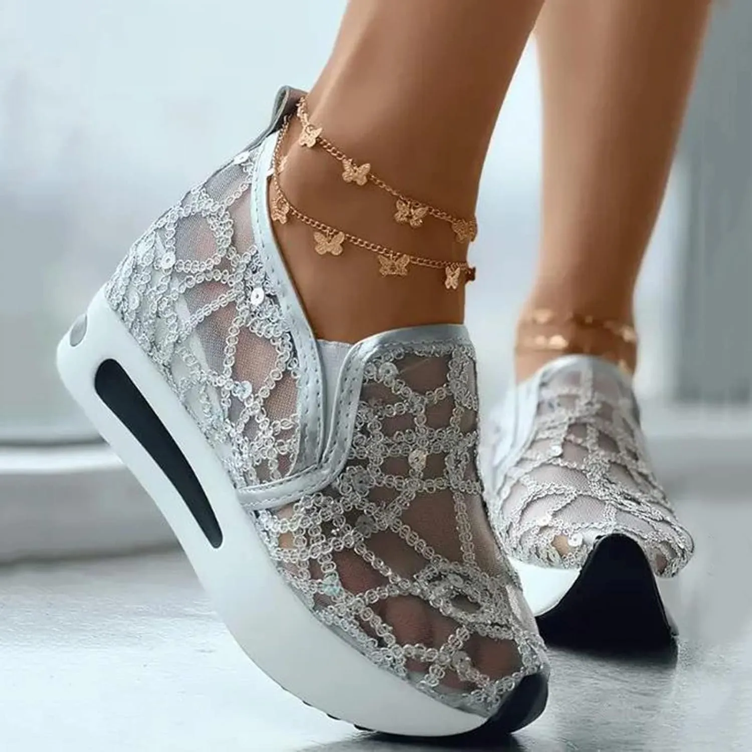 SACFOF Women's Platform Wedge Sneakers Floral Embroidery Breathable Mesh Summer Platform Shoes Hidden Walking Loafers