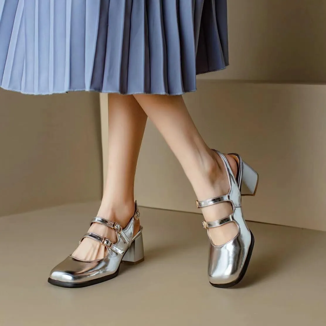 SACFOF Womens Punk Goth Chunky Mary Janes Patent Leather Square Toe Chunky Heel Pumps with Adjustable Buckle