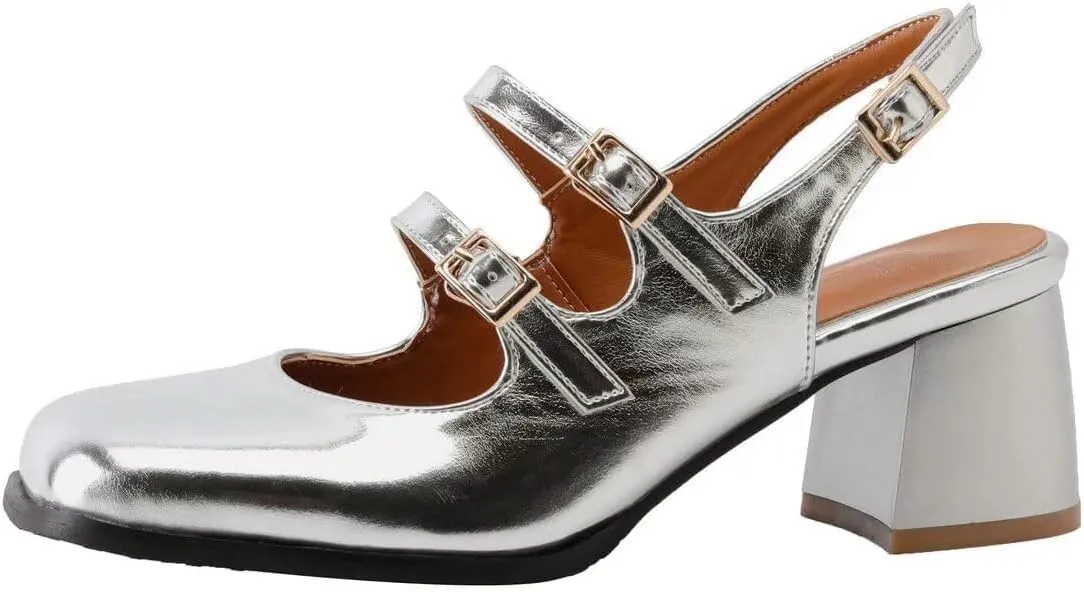 SACFOF Womens Punk Goth Chunky Mary Janes Patent Leather Square Toe Chunky Heel Pumps with Adjustable Buckle