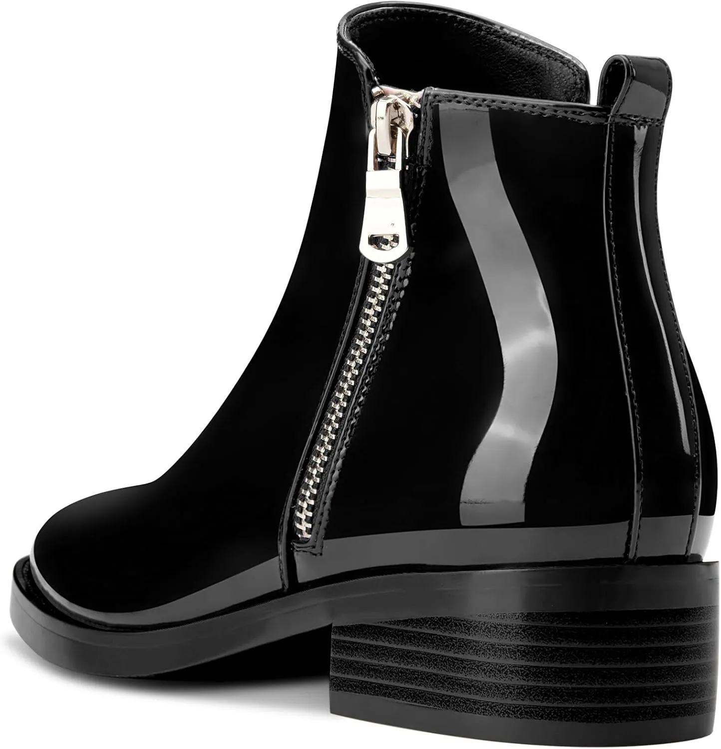 Saekcted Womens Chunky Block Low Heel Square Toe Ankle Boots Short Bootie Slip-on Zipper Office Basic Classic Patent Leather Flat Boots