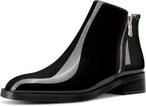 Saekcted Womens Chunky Block Low Heel Square Toe Ankle Boots Short Bootie Slip-on Zipper Office Basic Classic Patent Leather Flat Boots