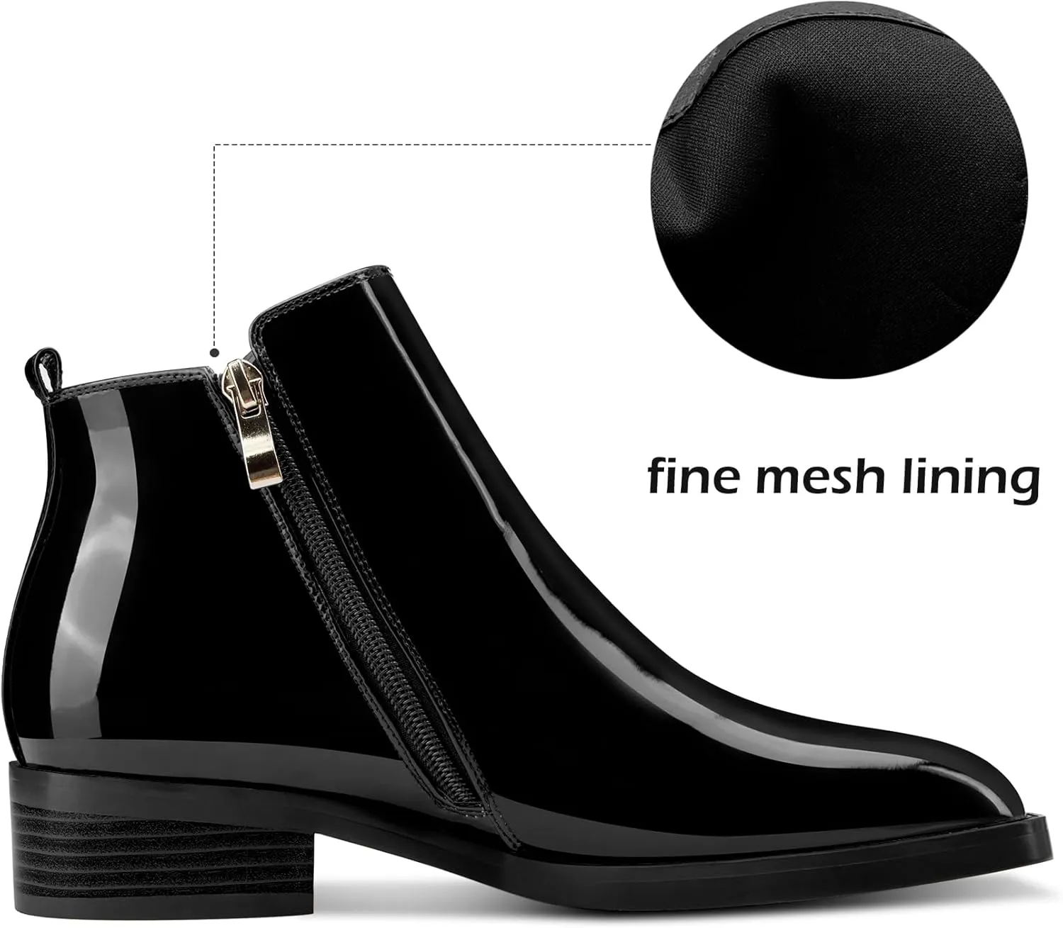 Saekcted Womens Chunky Block Low Heel Square Toe Ankle Boots Short Bootie Slip-on Zipper Office Basic Classic Patent Leather Flat Boots