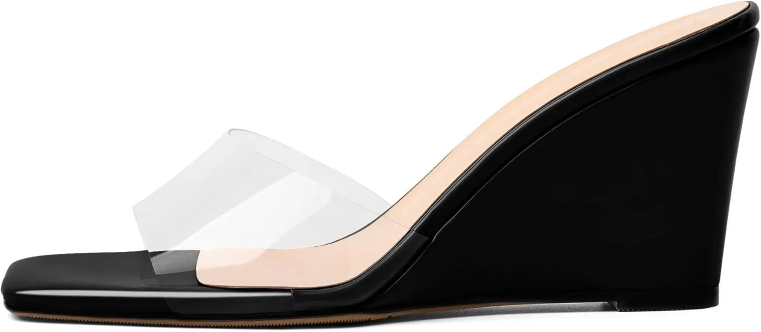 SAMMITOP Womens Clear Heels Sandals Square Open Toe Wedge Heel Sandals Slip On Heeled Mules Summer Dress Slipper Shoes 3.5 Inch