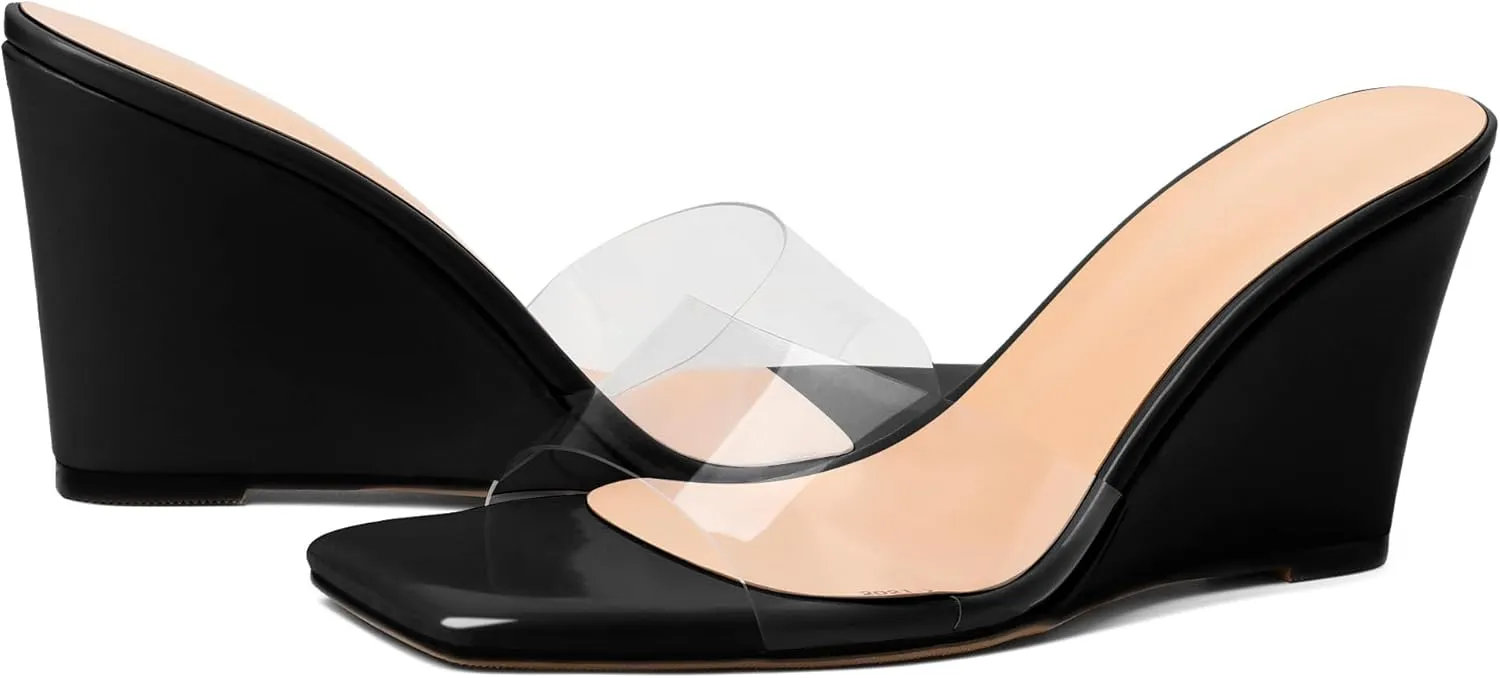 SAMMITOP Womens Clear Heels Sandals Square Open Toe Wedge Heel Sandals Slip On Heeled Mules Summer Dress Slipper Shoes 3.5 Inch