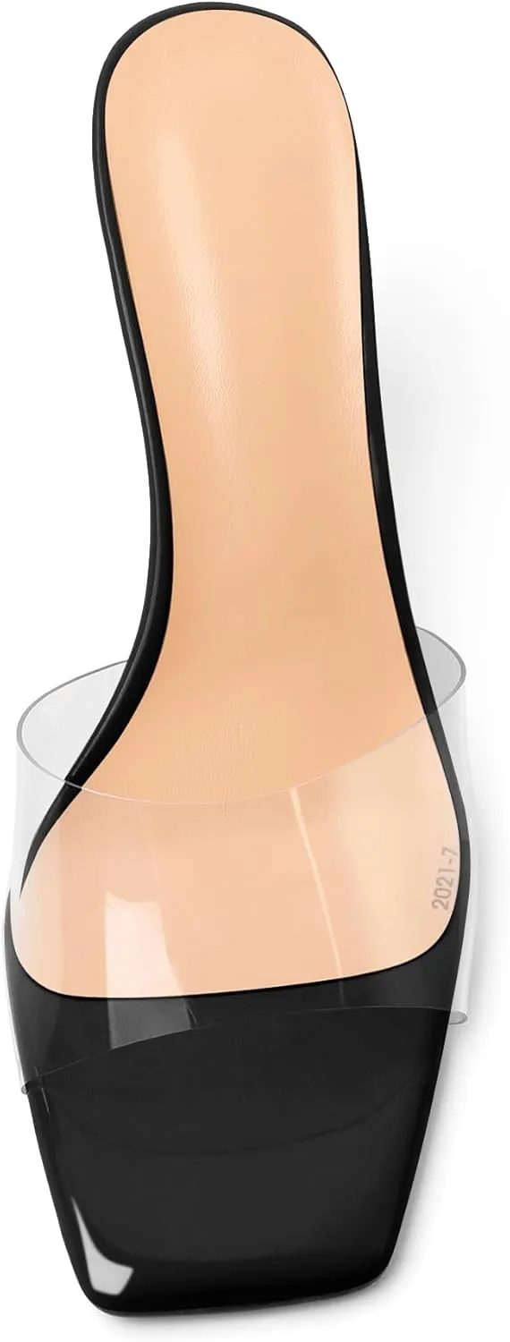 SAMMITOP Womens Clear Heels Sandals Square Open Toe Wedge Heel Sandals Slip On Heeled Mules Summer Dress Slipper Shoes 3.5 Inch