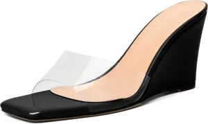 SAMMITOP Womens Clear Heels Sandals Square Open Toe Wedge Heel Sandals Slip On Heeled Mules Summer Dress Slipper Shoes 3.5 Inch