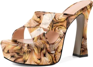 SAMMITOP Women's Platform Chunky Block Heels Sexy Open Square Toe High Heel Sandals Crisscross Slip On Mules Dress Shoes 4.7 Inch