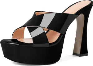 SAMMITOP Women's Platform Chunky Block Heels Sexy Open Square Toe High Heel Sandals Crisscross Slip On Mules Dress Shoes 4.7 Inch