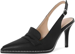 SAMMITOP Womens Slingback High Heel Pumps 3.5" Stiletto Pointed Toe Beaded Pumps Slip On Loafers Heels Elegant Dress Shoes