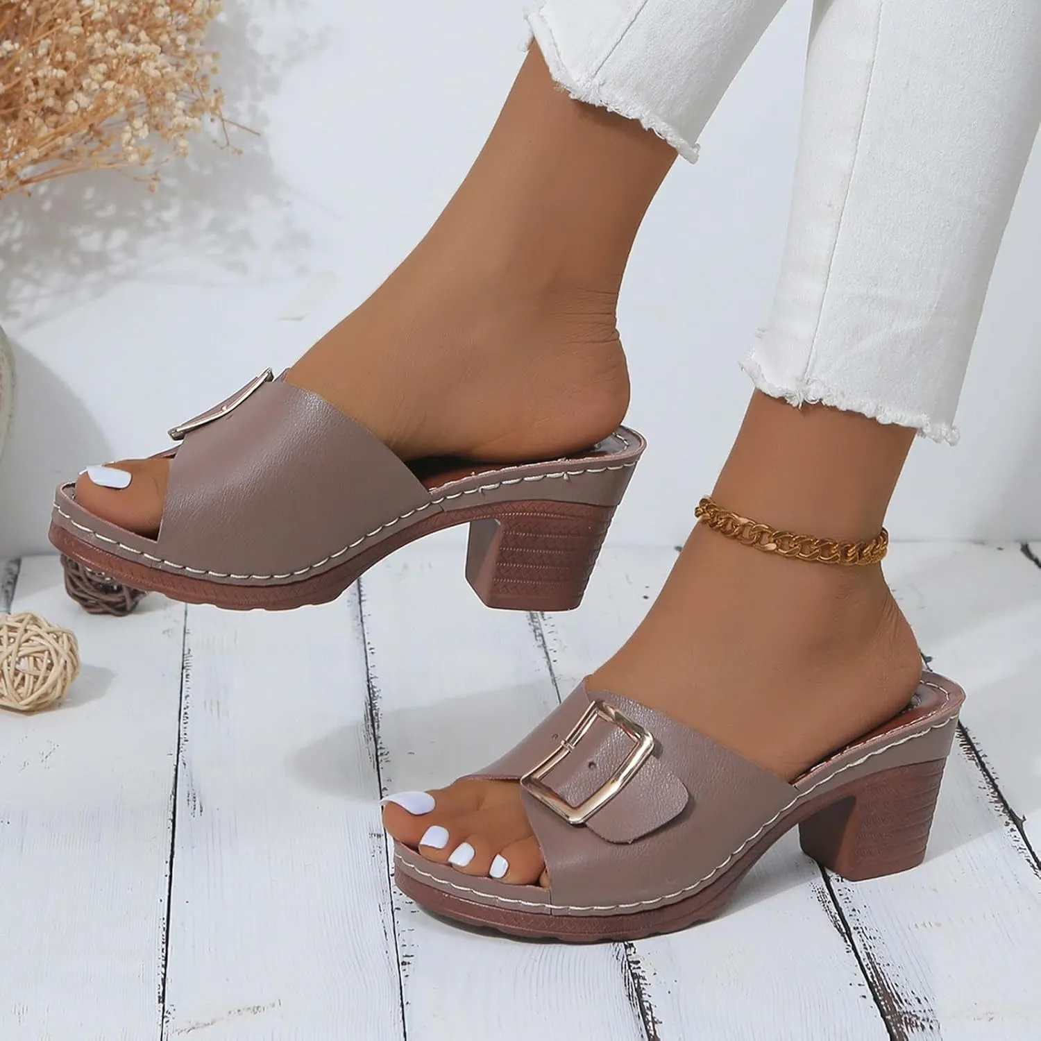 Sandals for Women 2025 Chunky Platform Mules Sandals Slip on Block Heels Square Toe High Heeled Dress Shoes