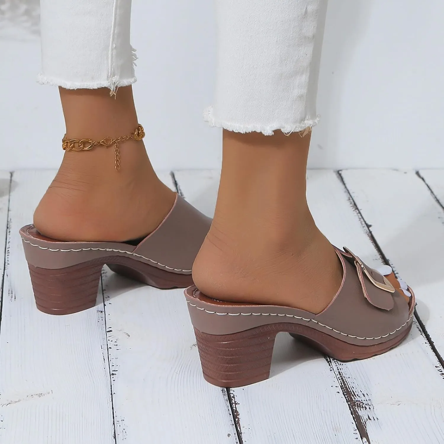 Sandals for Women 2025 Chunky Platform Mules Sandals Slip on Block Heels Square Toe High Heeled Dress Shoes