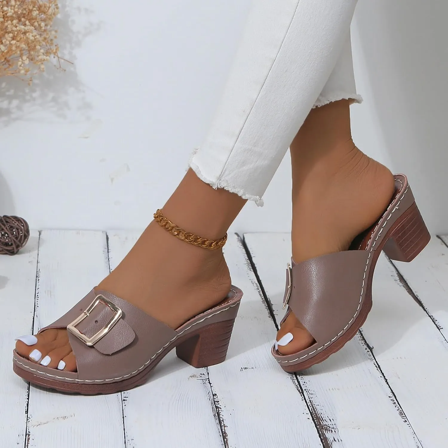 Sandals for Women 2025 Chunky Platform Mules Sandals Slip on Block Heels Square Toe High Heeled Dress Shoes