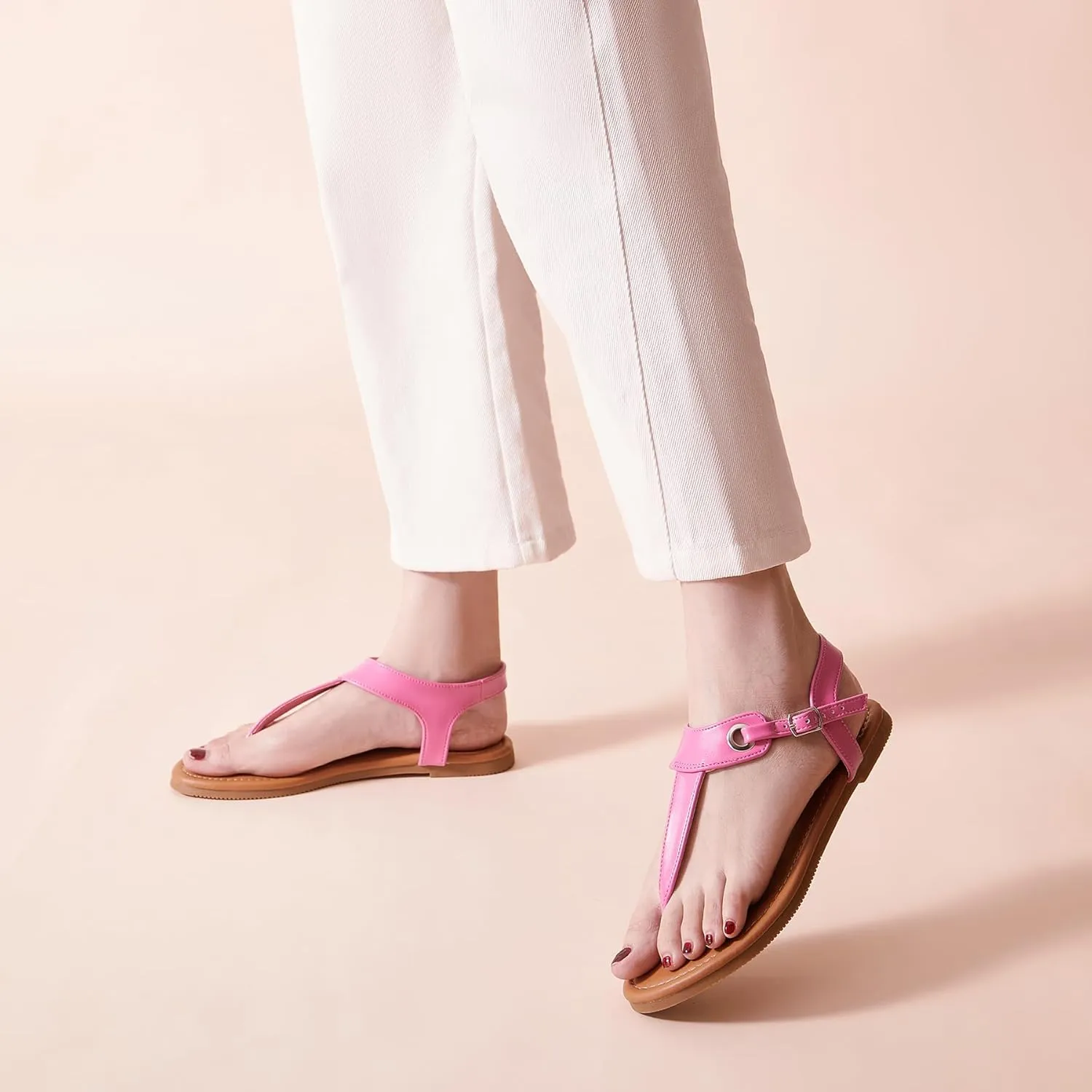 SANDALUP Women's Sandals Thong Flat Sandals Comfortable T-Strap Summer Shoes with Adjustable Ankle Buckle Dressy Sandals