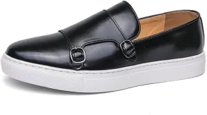Santimon Men Dress Shoes Double Monk Straps Classic Round Toe Modern Formal Leather Slip-on Shoes for Men