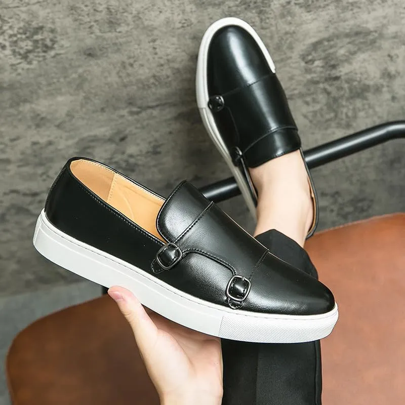 Santimon Men Dress Shoes Double Monk Straps Classic Round Toe Modern Formal Leather Slip-on Shoes for Men
