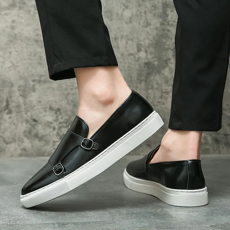 Santimon Men Dress Shoes Double Monk Straps Classic Round Toe Modern Formal Leather Slip-on Shoes for Men