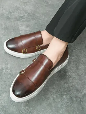 Santimon Men Dress Shoes Double Monk Straps Classic Round Toe Modern Formal Leather Slip-on Shoes for Men