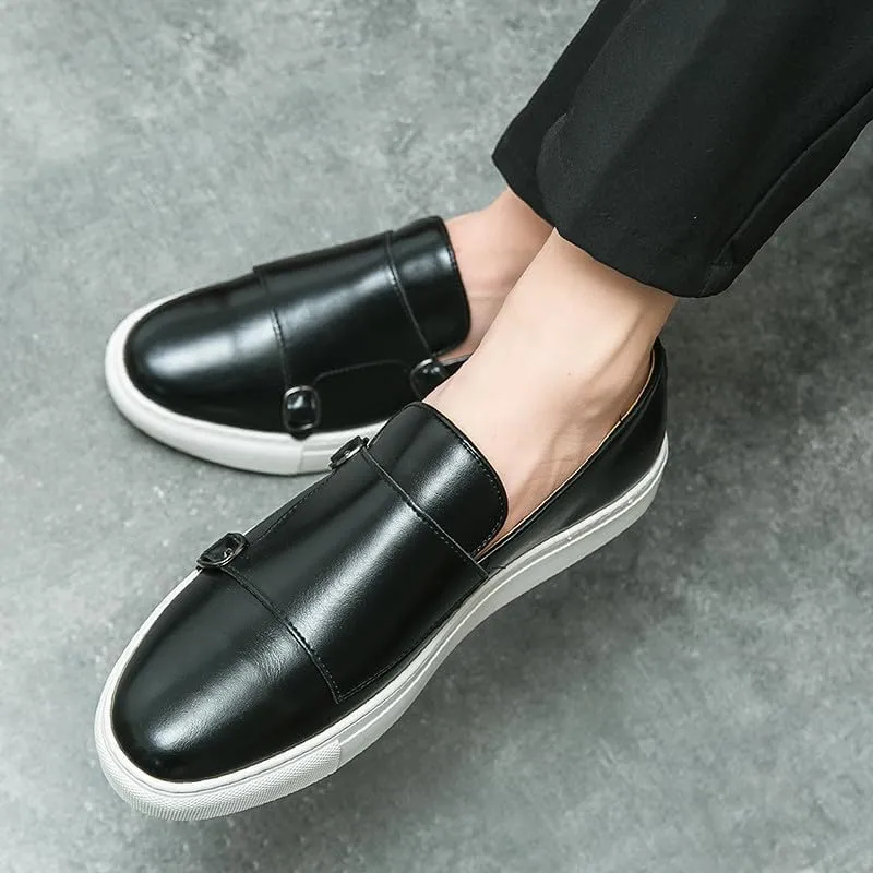 Santimon Men Dress Shoes Double Monk Straps Classic Round Toe Modern Formal Leather Slip-on Shoes for Men