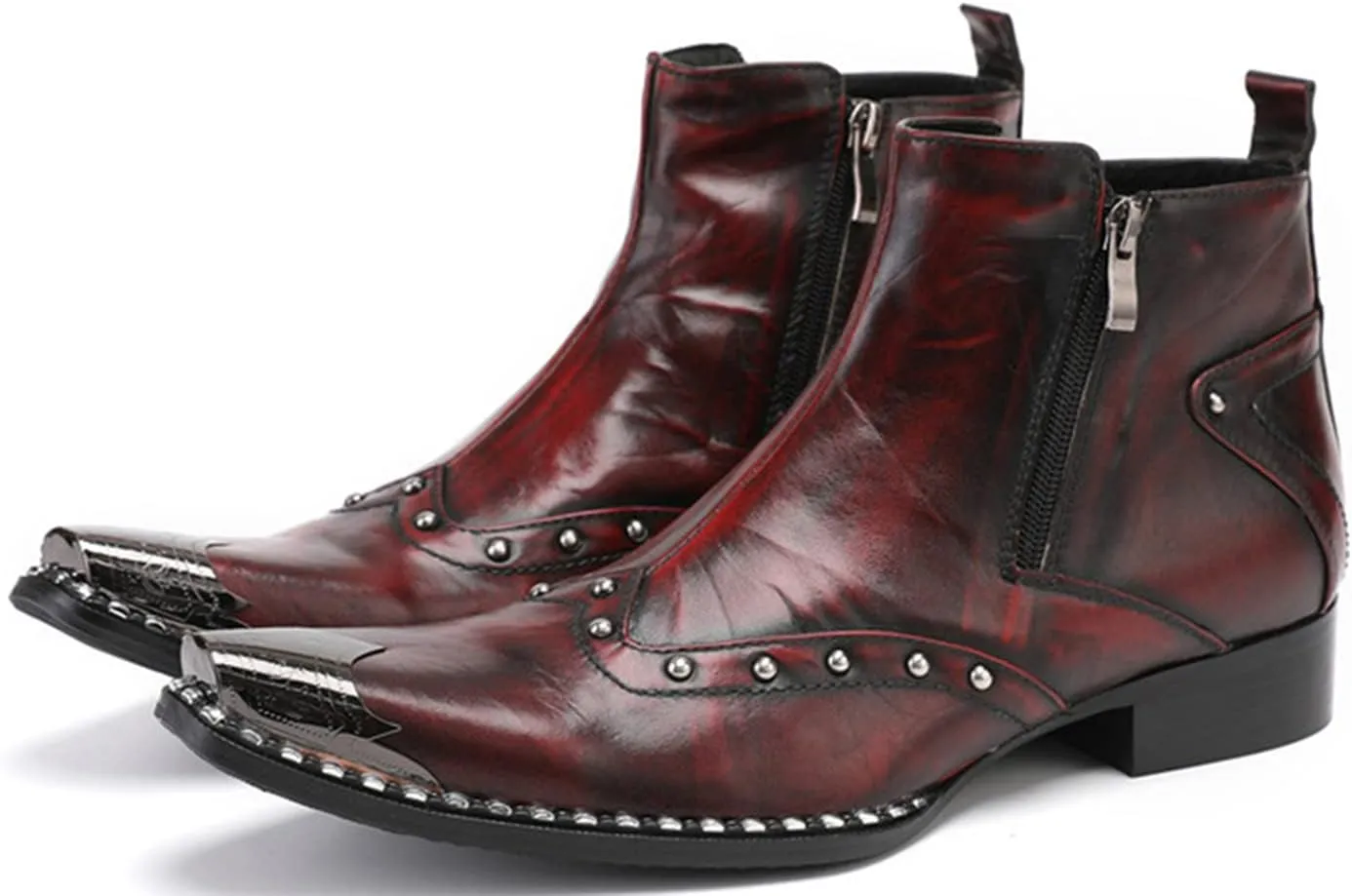 Santimon Mens Chelsea Boots Dress Casual Party Disco Western Boots Metal Pointed Toe Leather Double Zipper Beads Ankle Boots Singer Ballroom Wedding Prom Cowboy Boots