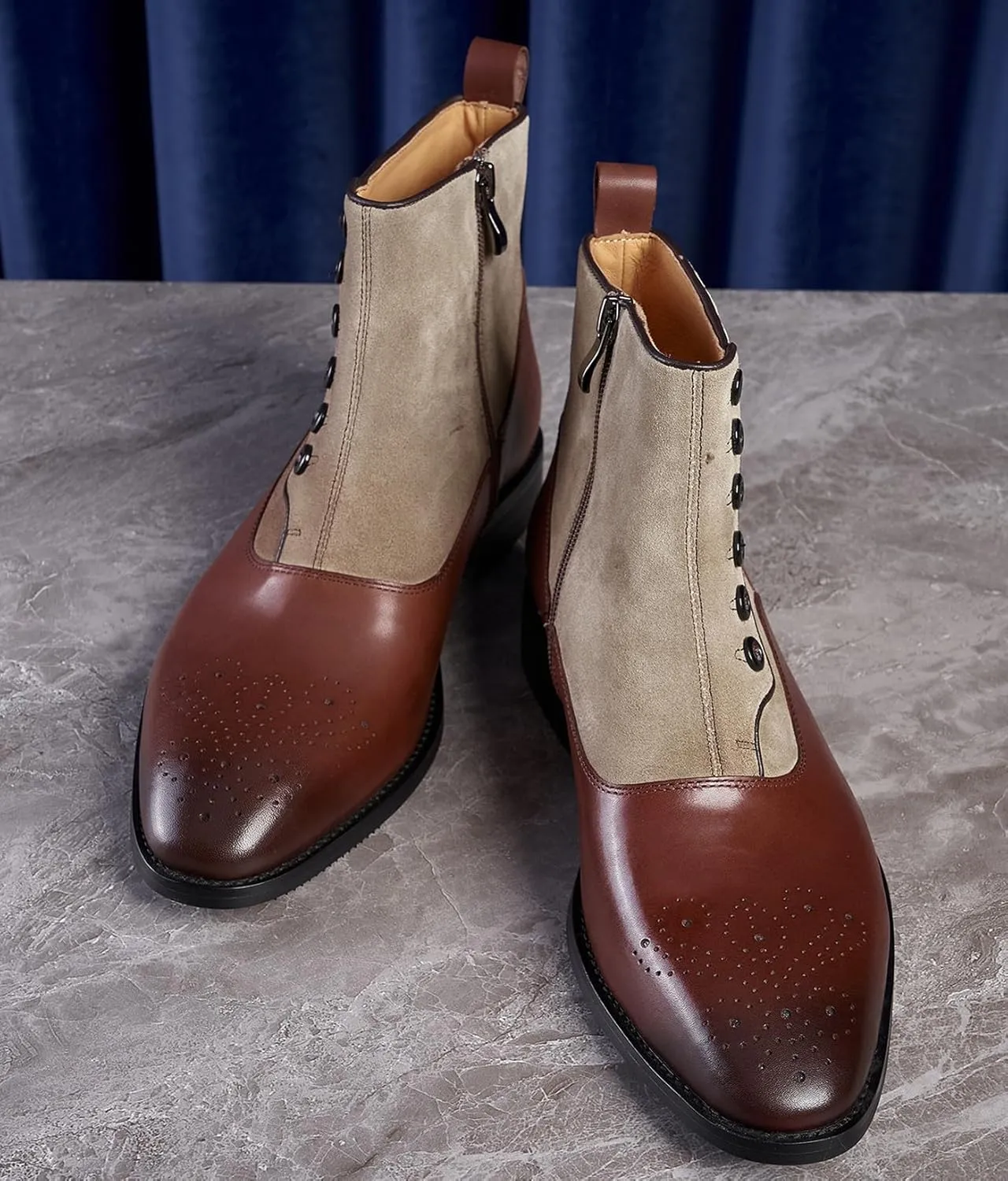 Santimon Men's Chelsea Boots Formal Dress Suede Ankle Boots Fashion Row of Buttons Two Tnoe Zipper Cowboy Boots Prom Wedding Business Casual Tuxedo Chukka Boots for Men