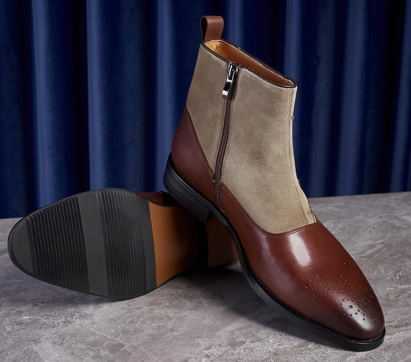 Santimon Men's Chelsea Boots Formal Dress Suede Ankle Boots Fashion Row of Buttons Two Tnoe Zipper Cowboy Boots Prom Wedding Business Casual Tuxedo Chukka Boots for Men