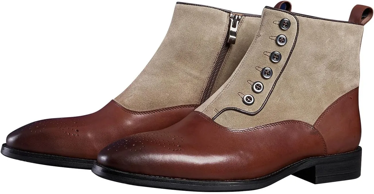 Santimon Men's Chelsea Boots Formal Dress Suede Ankle Boots Fashion Row of Buttons Two Tnoe Zipper Cowboy Boots Prom Wedding Business Casual Tuxedo Chukka Boots for Men
