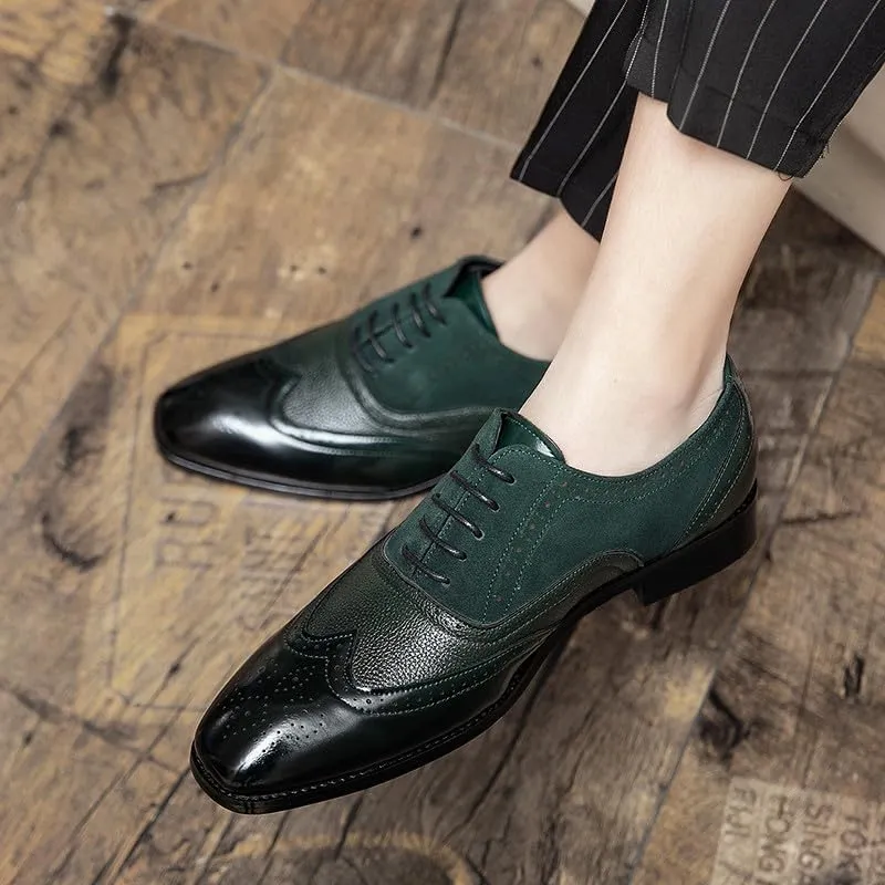 Santimon Men's Classic Modern Formal Oxford Wingtip Lace Up Dress Shoes, Two-Tone Perforated Brogues Uniform Casual Oxford Dress Shoes