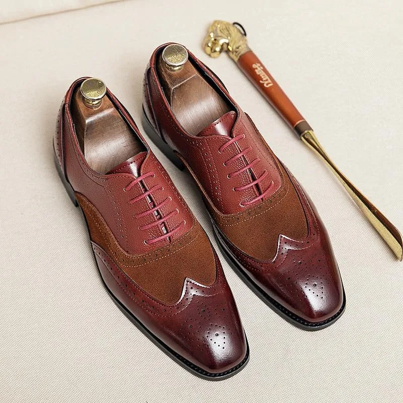 Santimon Men's Classic Modern Formal Oxford Wingtip Lace Up Dress Shoes, Two-Tone Perforated Brogues Uniform Casual Oxford Dress Shoes