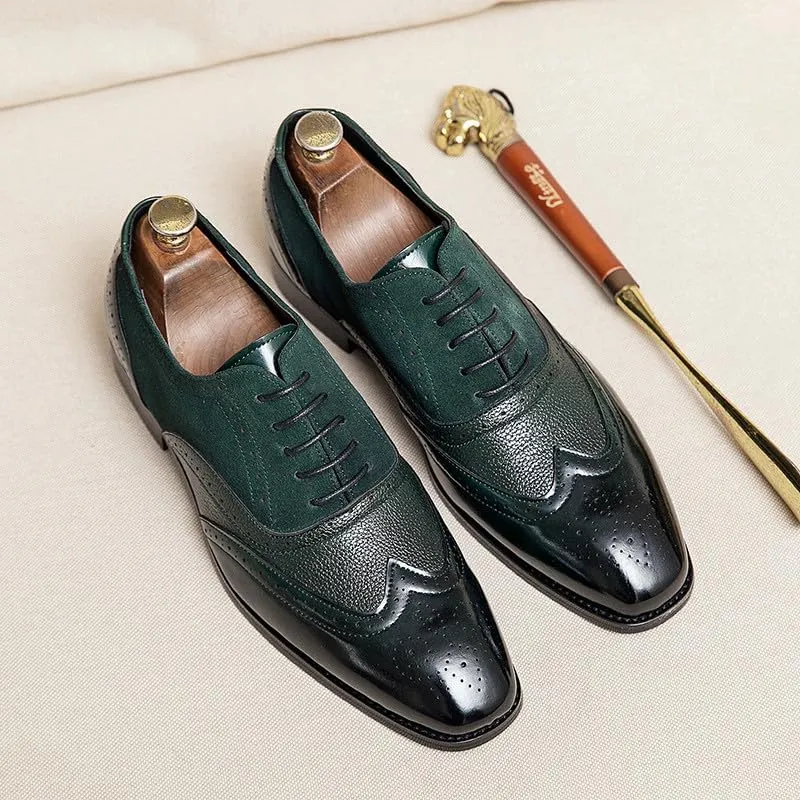 Santimon Men's Classic Modern Formal Oxford Wingtip Lace Up Dress Shoes, Two-Tone Perforated Brogues Uniform Casual Oxford Dress Shoes