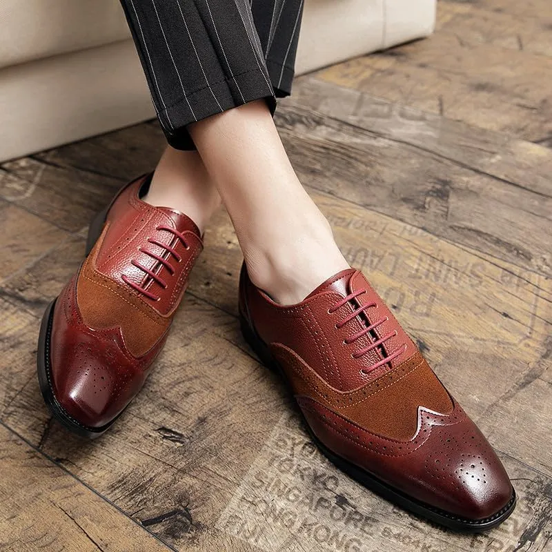 Santimon Men's Classic Modern Formal Oxford Wingtip Lace Up Dress Shoes, Two-Tone Perforated Brogues Uniform Casual Oxford Dress Shoes