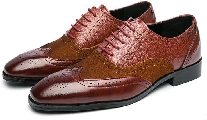 Santimon Men's Classic Modern Formal Oxford Wingtip Lace Up Dress Shoes, Two-Tone Perforated Brogues Uniform Casual Oxford Dress Shoes