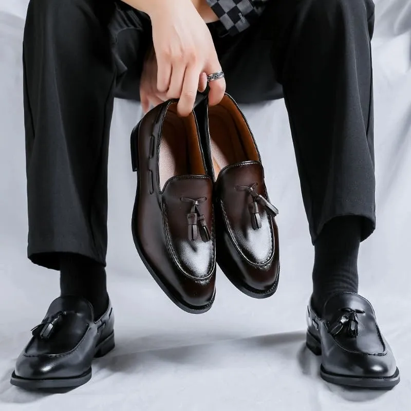 Santimon Men’s Leather Moc Toe Tassel Loafers – Anti-Slip Rubber Sole Lightweight Slip-Ons for Weddings, Office & Formal Events