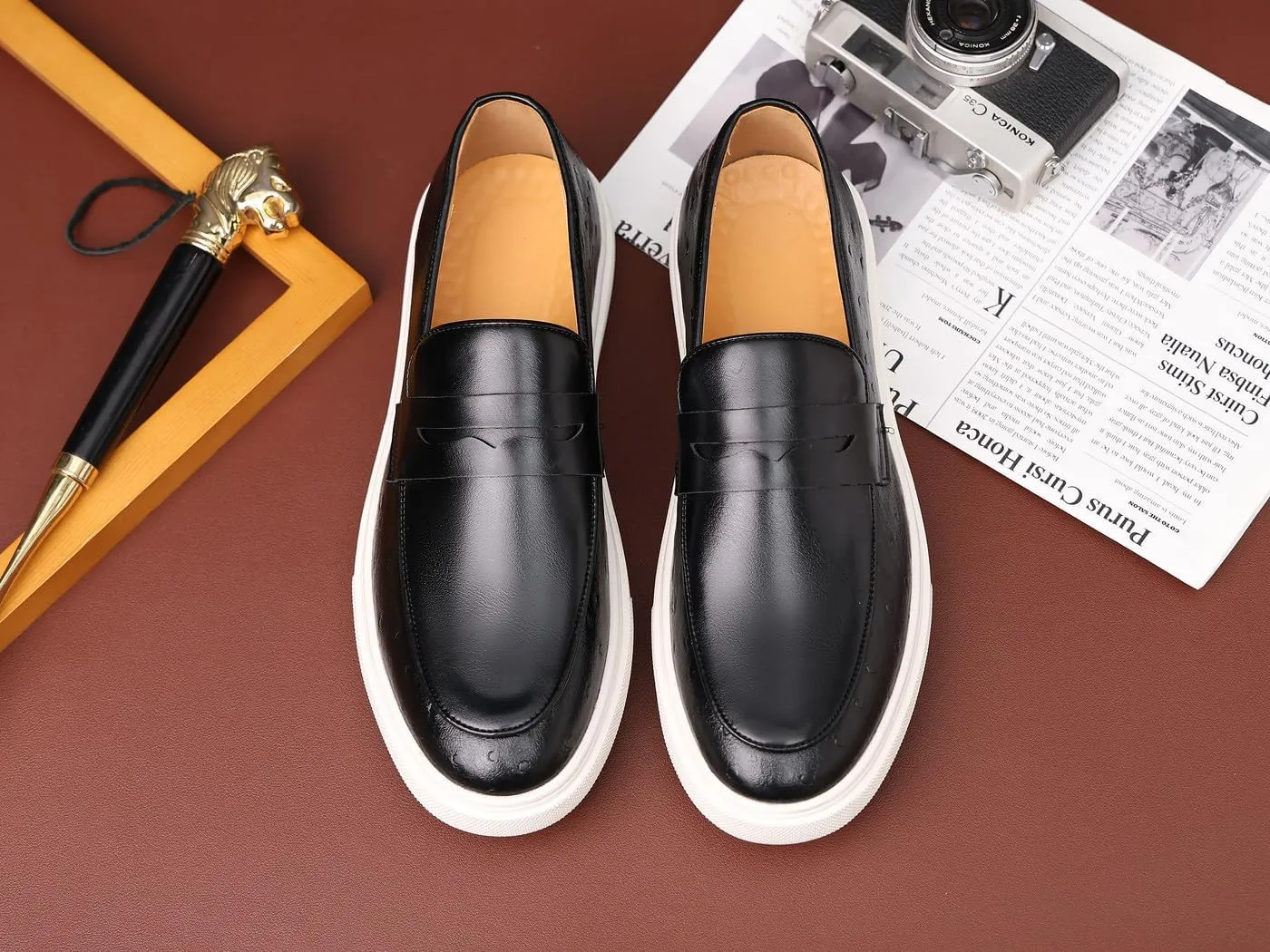 Santimon Men's Leather Penny Loafers Chunky Sole Slip-On Business Casual Shoes