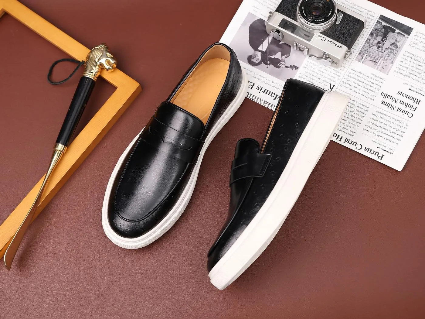 Santimon Men's Leather Penny Loafers Chunky Sole Slip-On Business Casual Shoes